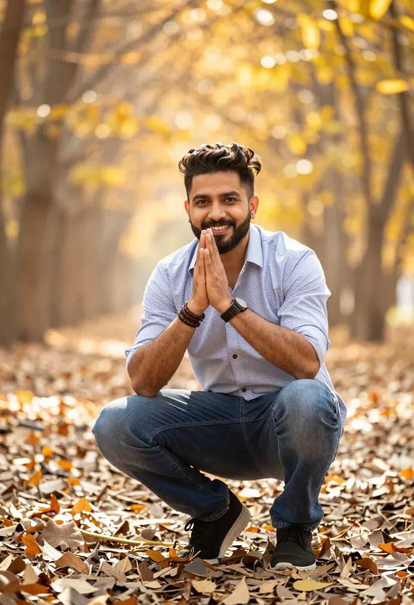 Man Crouching Sunlit Forest Clearing With Golden Foliage And Blurred