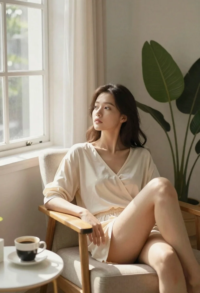 Serene Portrait Woman Relaxing Armchair Beside Bright Window Subject Young reference photo