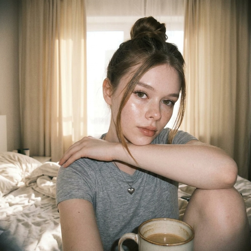 woman in a tight close-up selfie portrait in a bright cream-toned bedroom.