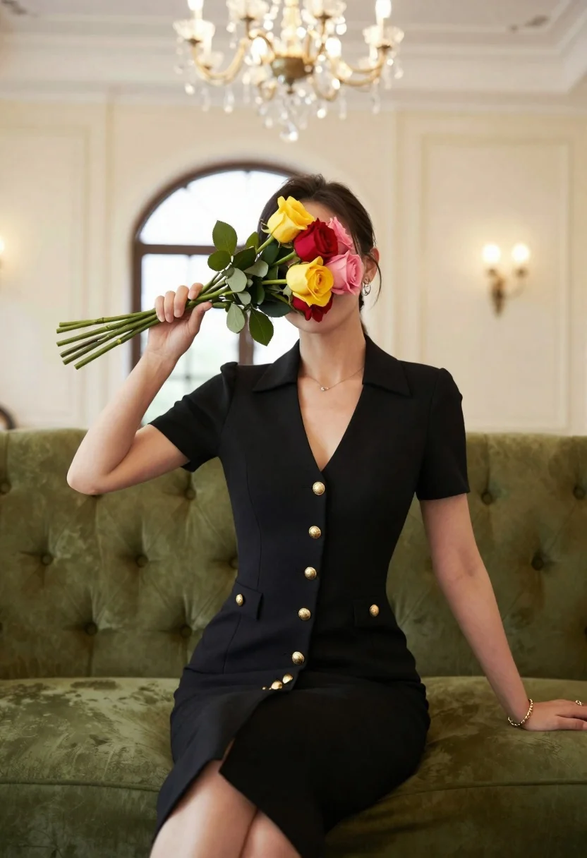 Woman Black Dress Holding Flowers Over Her Face Subject Woman reference photo