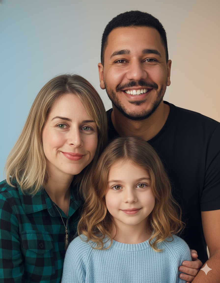 ultra-realistic family portrait with parents and one child, soft lighting, natural poses