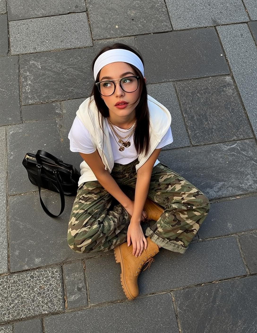 White Tee and Camo Cargo Pants