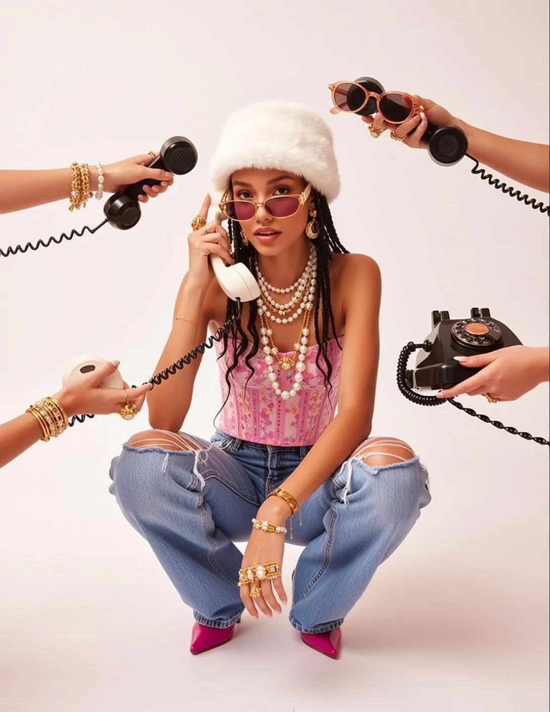 Sunglasses Earrings Necklace Bracelets And Rings In Studio Portrait