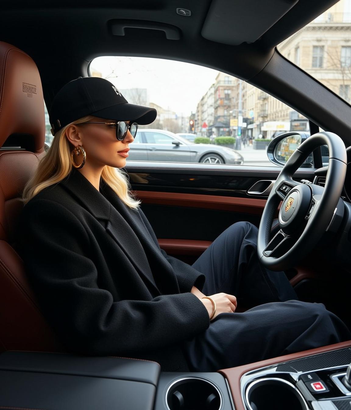 Explore Sits Driver Seat Luxury Car Facing