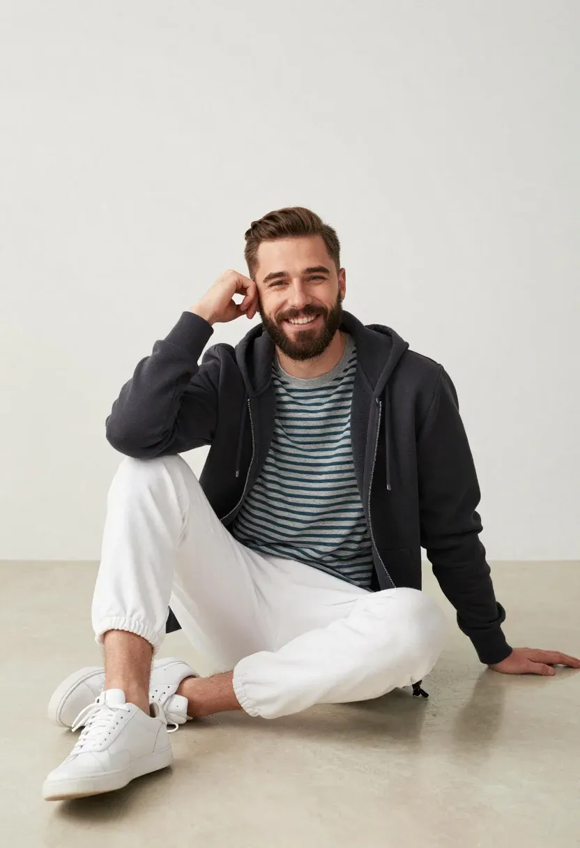 High-quality Commercial Portrait Man Sitting Casually The Floor Against Plain