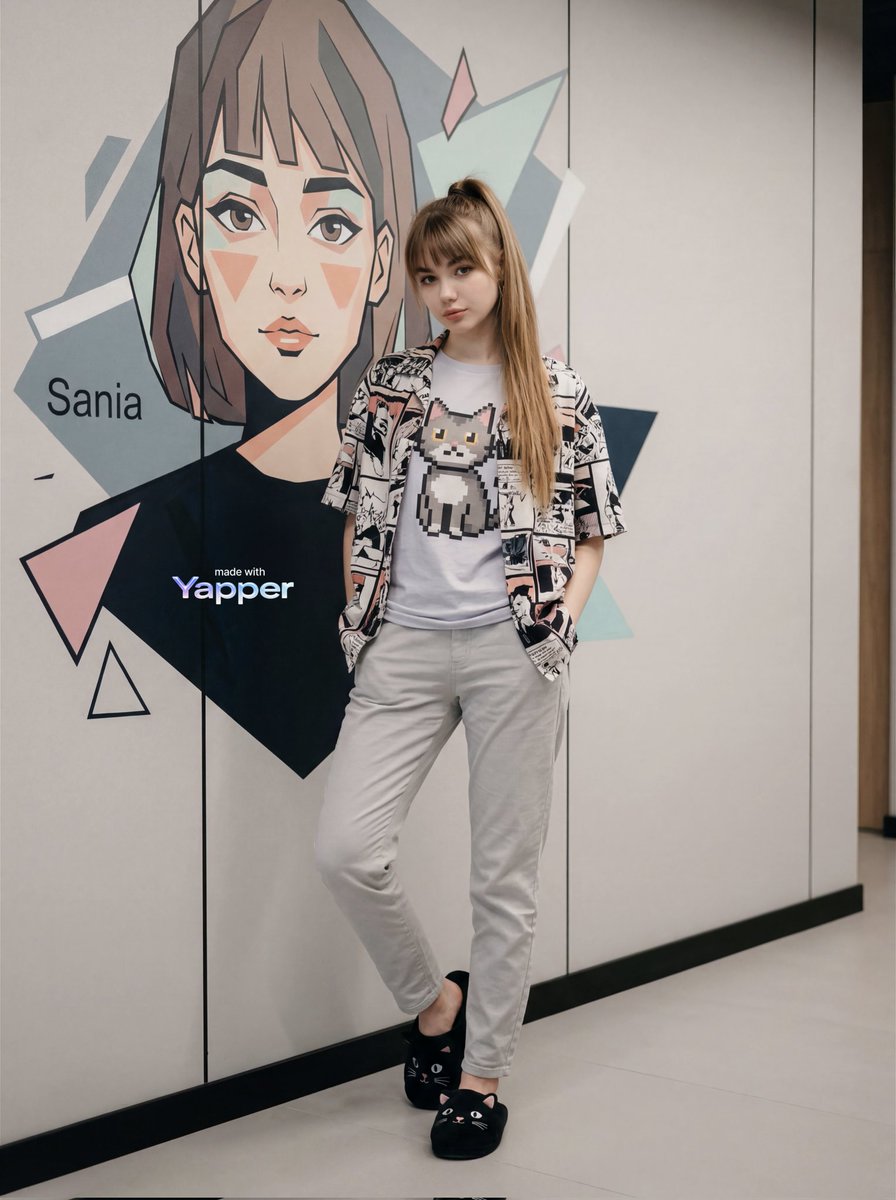 A woman poses confidently in front of a vibrant mural wearing a graphic tee, captured in natural light.