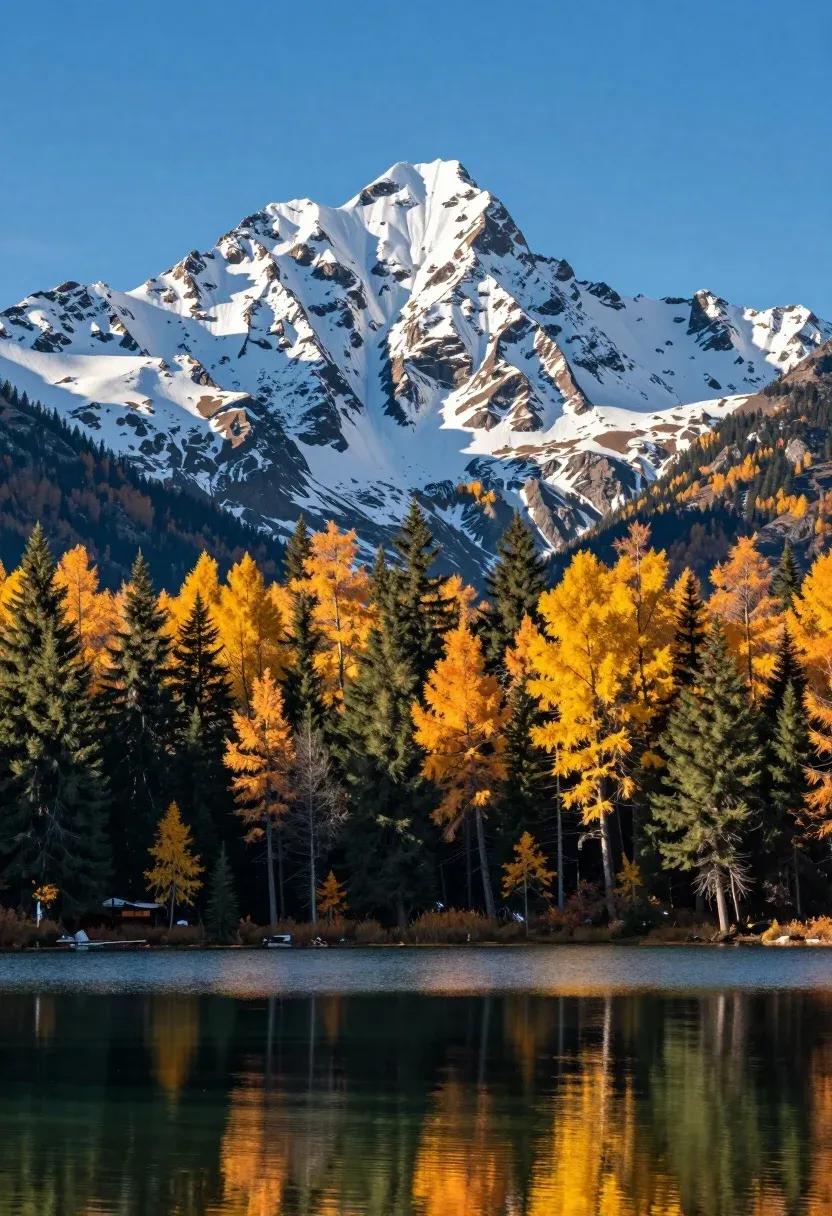 Majestic Snow-capped Mountain Range Rises Behind Dense Forest Evergreen And