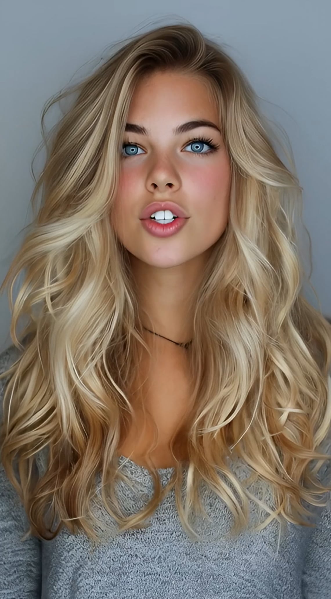Close-up portrait of a woman with voluminous wavy hair in a grey sweater against a light grey background