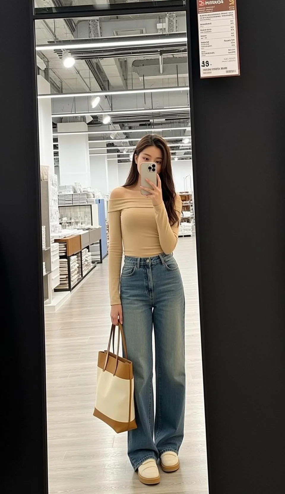 Acubi Stands Facing Large Mirror Holding Smartphone