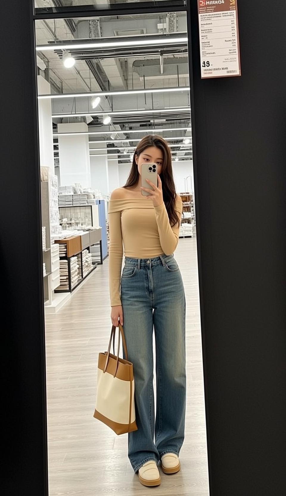Acubi Stands Facing Large Mirror Holding Smartphone