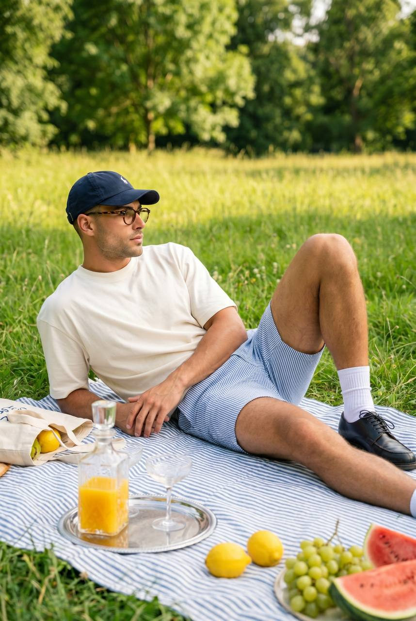 Man reclining on blue-and-white striped picnic blanket with a glass of orange juice and fresh fruits, surrounded by a sunny green meadow.