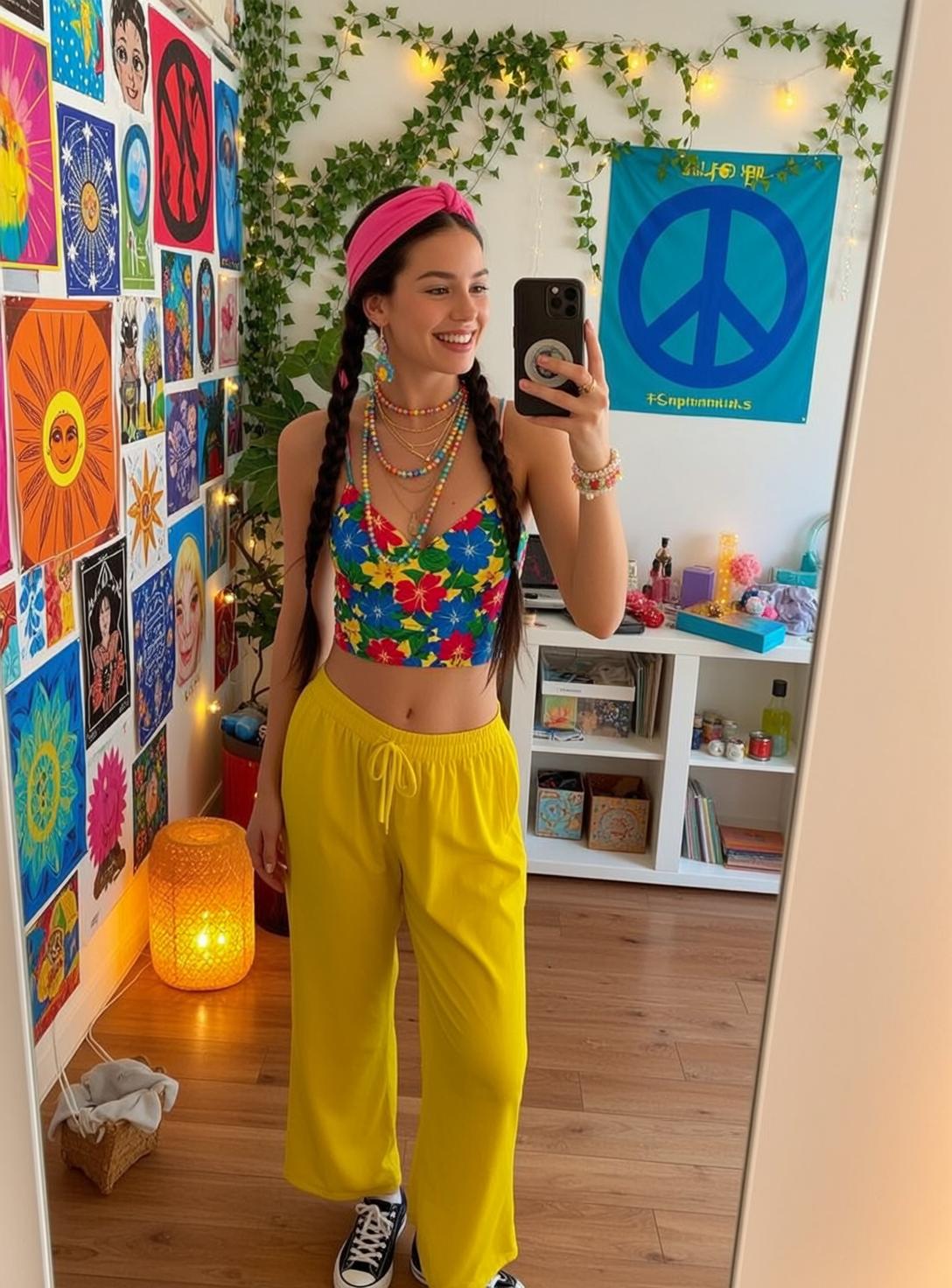 Bedroom Selfie Floral Crop Top Yellow Pants