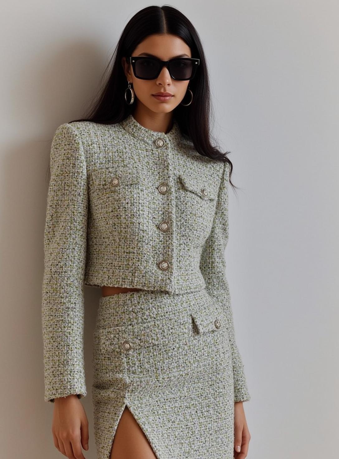Green Tweed Jacket Mini Skirt Studio Fashion