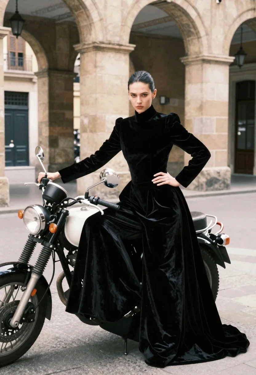 Woman Voluminous Black Velvet Gown Poses Confidently Beside Vintage Motorcycle reference photo
