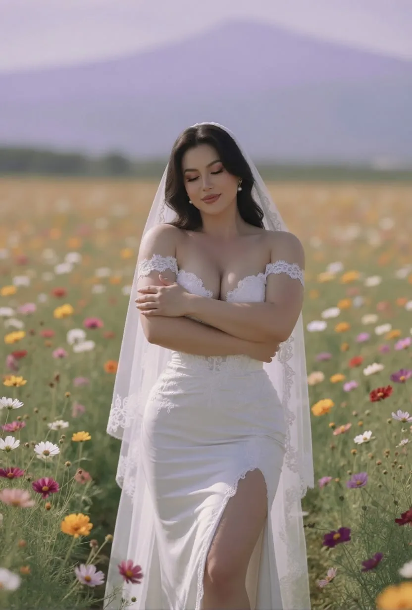 White Wedding Dress Cosmos Field Shallow Depth