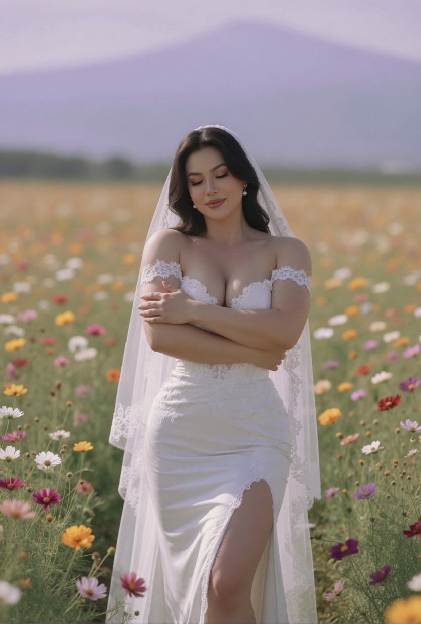 White Wedding Dress Cosmos Field Shallow Depth