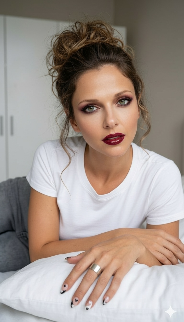 Portrait of a woman with striking green eyes, burgundy smoky eyeshadow, and bold red lipstick, styled in a voluminous updo.