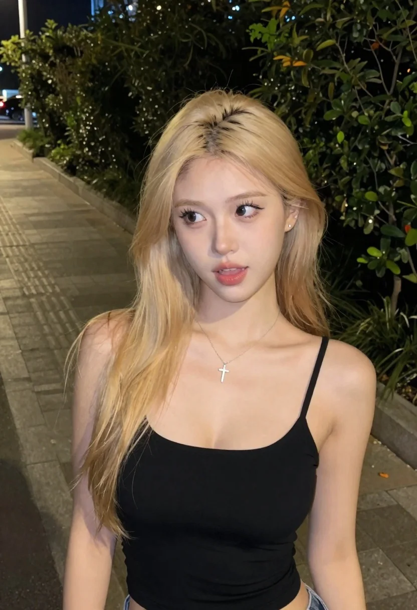 Young Woman With Long Blonde Hair Stands Paved Sidewalk Night reference photo