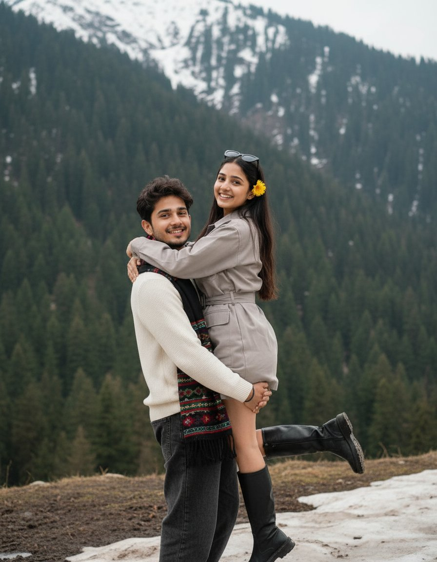 Young couple smiling warmly in snowy mountain forest, man lifting woman in the air, surrounded by coniferous trees and soft light.