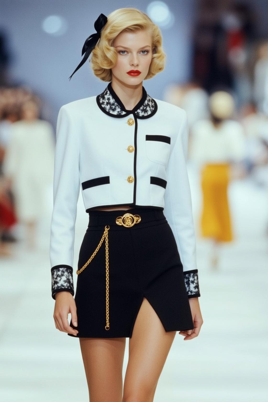 Blonde Model White Jacket Black Skirt Runway