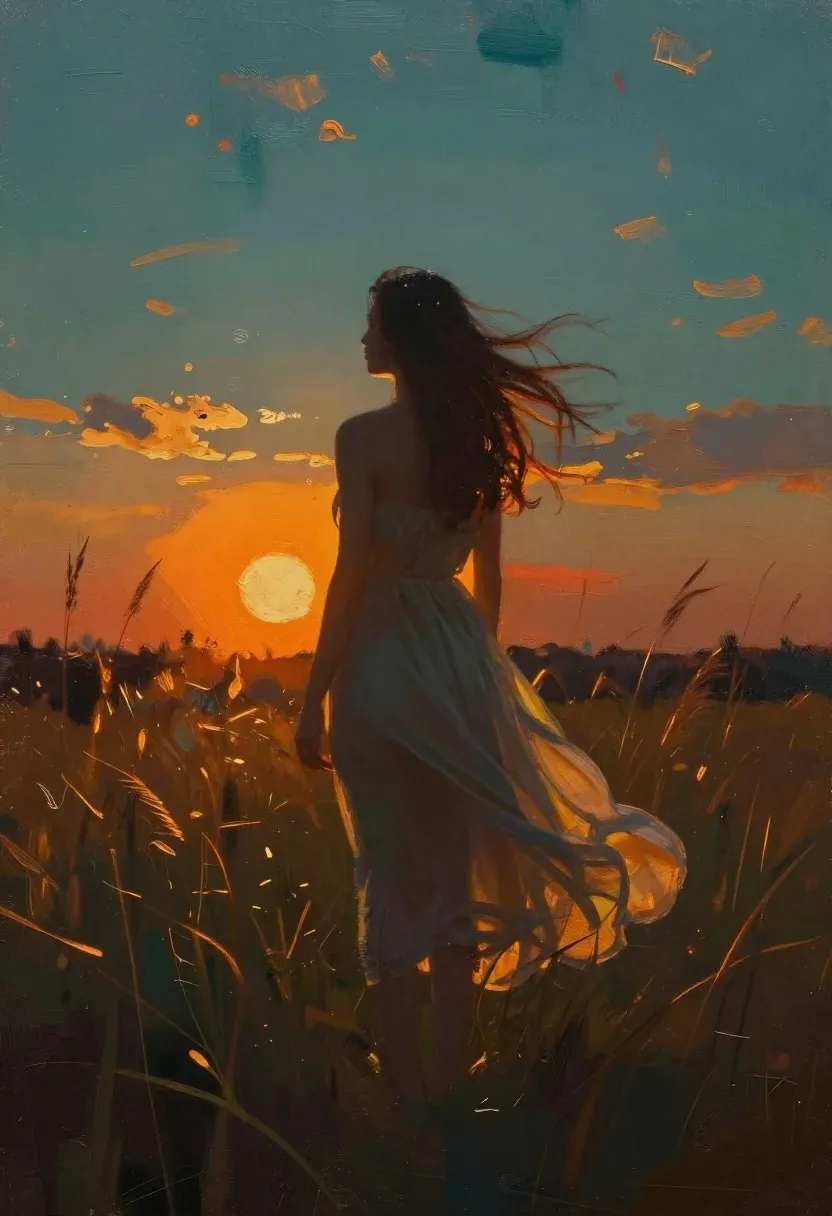 Oil Painting Solitary Figure Field Sunset Subject Silhouetted Woman Seen