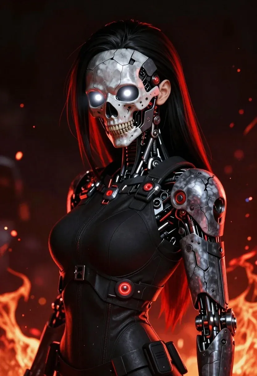 Portrait Cybernetic Female Character With Glowing White Eyes And Exposed