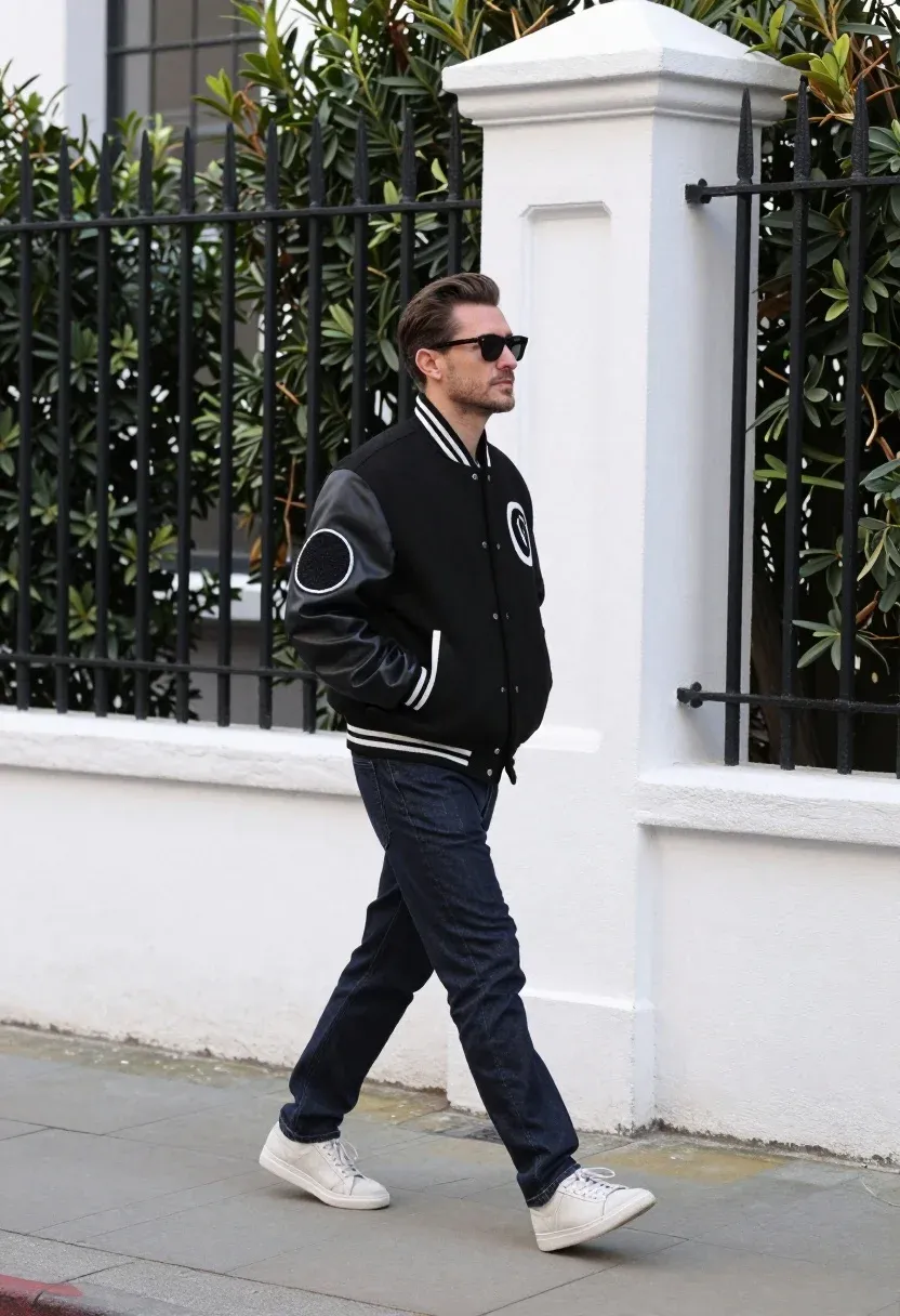 Man Walking Confidently Along Paved Sidewalk Next White Wall With