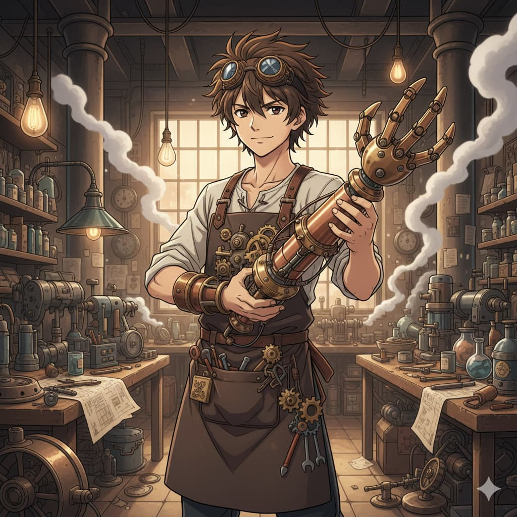Anime-style young male inventor with messy brown hair, wearing steampunk goggles and leather apron, surrounded by gears, tools, and inventions in a warm workshop.