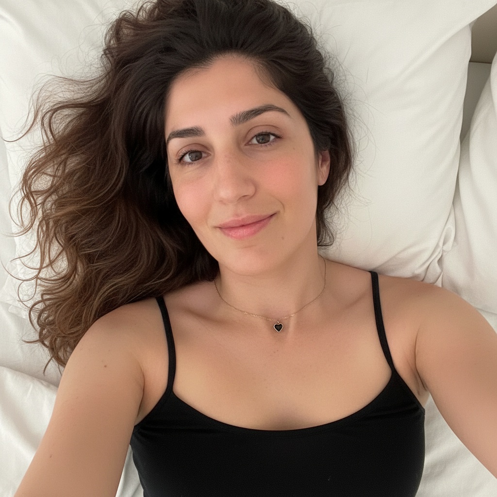 A young woman in a black tank top reclines on a bed, soft light accentuating her gentle smile and brown eyes.