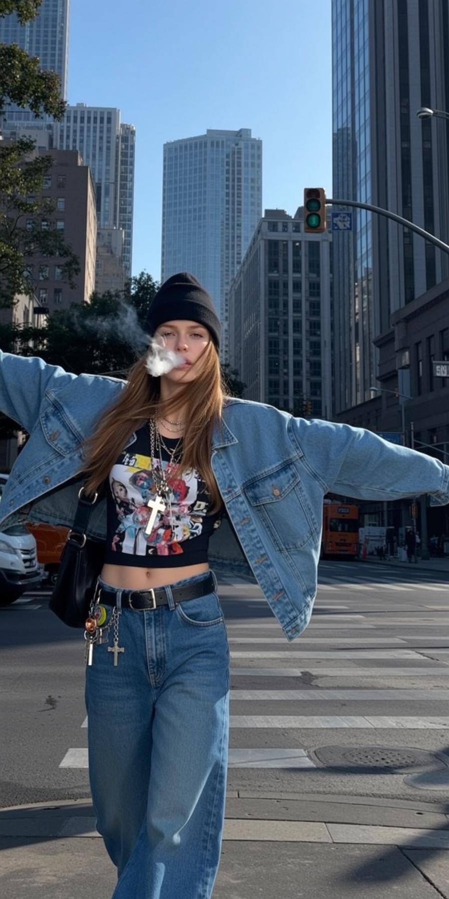 Black Crop Top Denim Jacket Beanie Smoking
