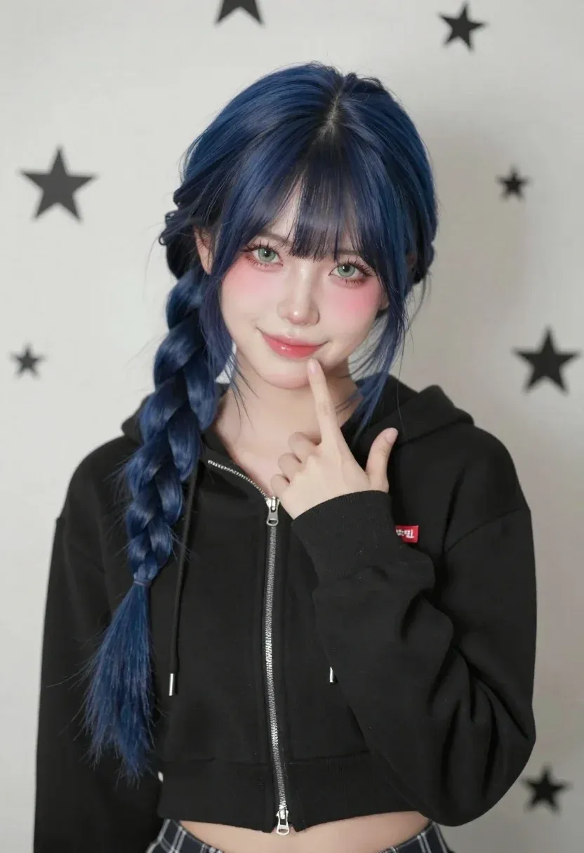 Young Woman With Long Dark Blue Hair Styled Thick Side