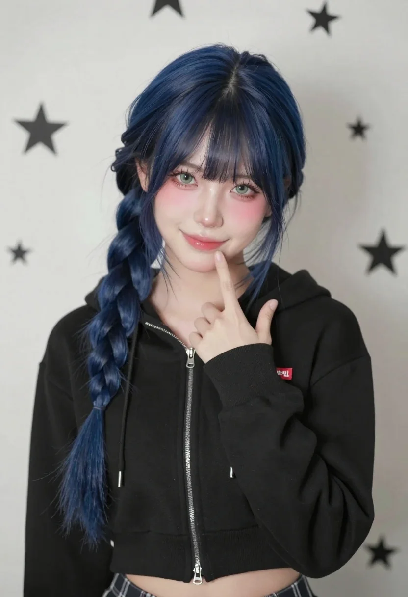 Young Woman With Long Dark Blue Hair Styled Thick Side