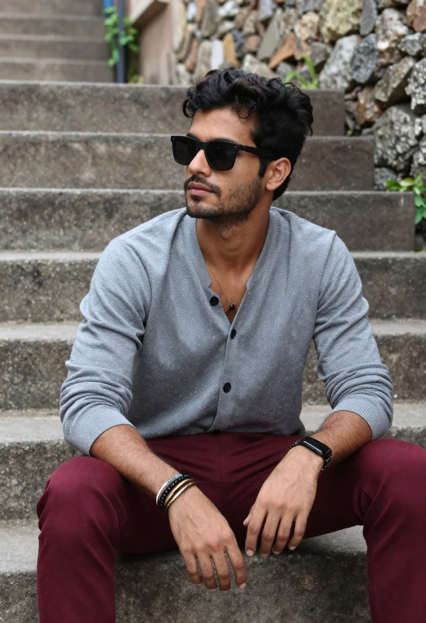 Photorealistic Portrait Young Man Sitting Stone Steps Outdoors Subject Dark-haired reference photo
