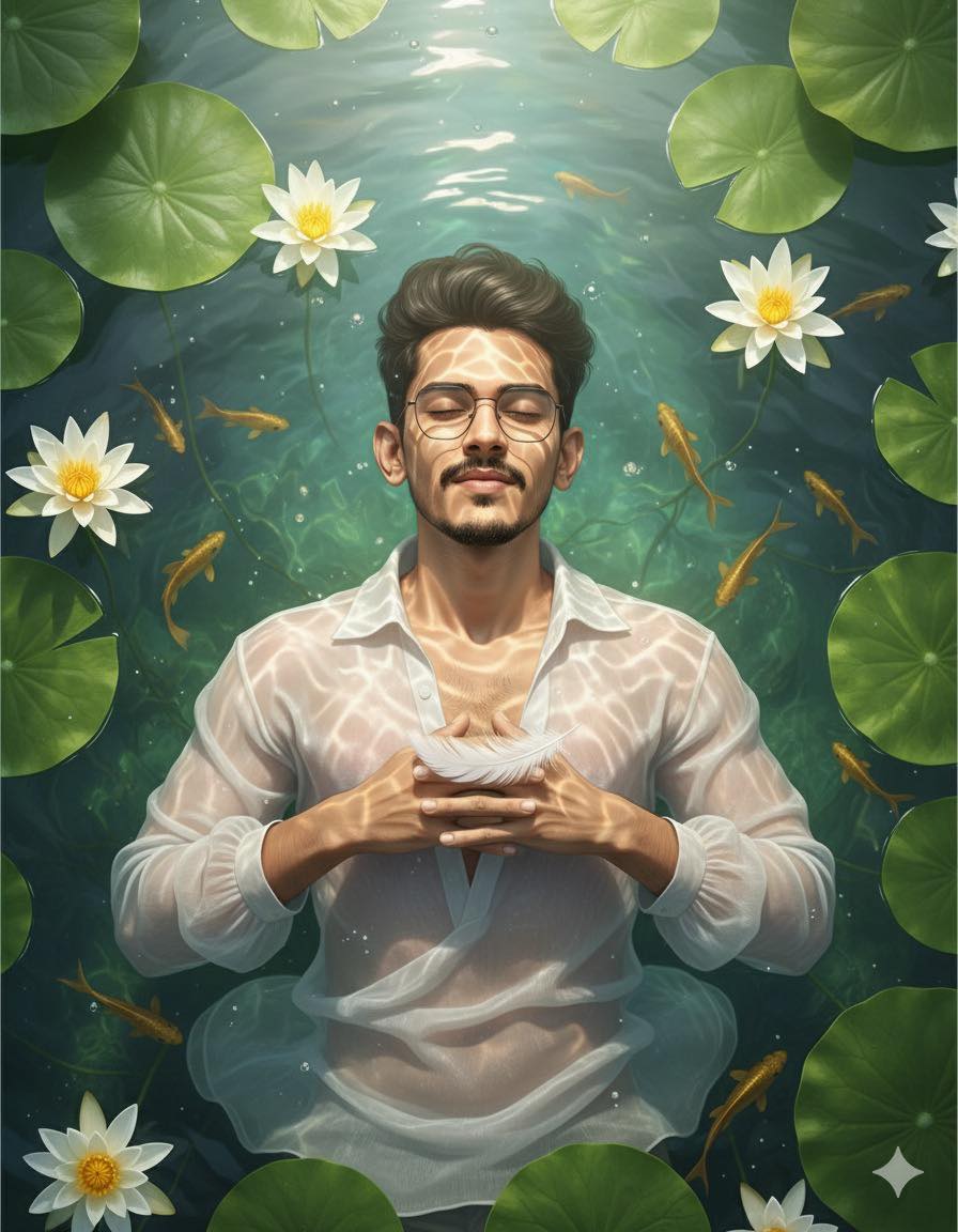 Well-groomed man floating on back in a clear pond, surrounded by lily pads and lotus flowers, sunlight rippling on water.
