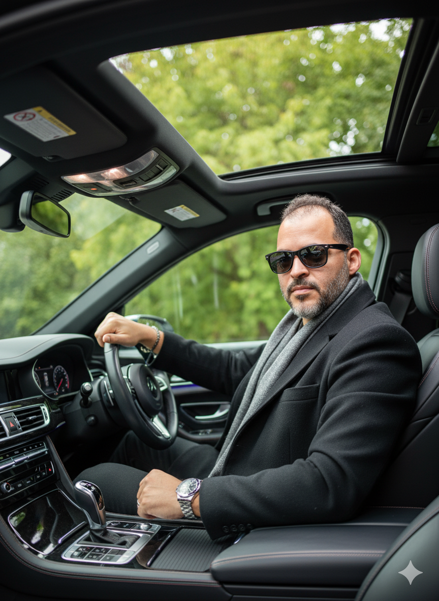 Homem estiloso com óculos escuros, sentado em caminhonete de luxo, segurando volante, interior moderno com luz natural.