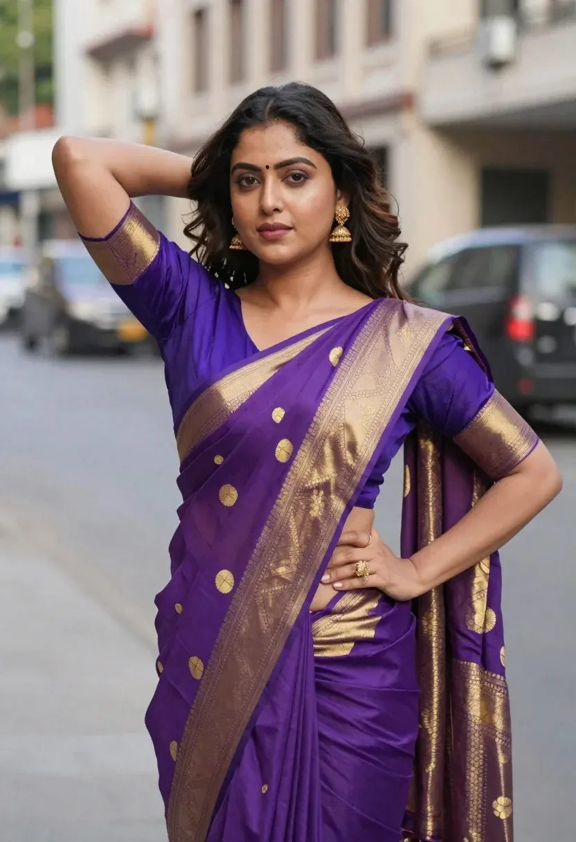 Confident Woman Stands Urban Setting Wearing Traditional Purple And Gold