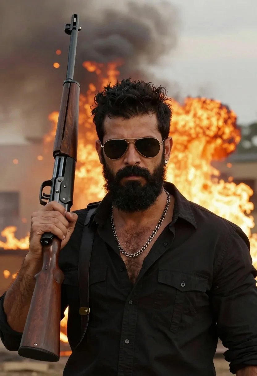 Confident Man With Thick Black Beard Stands The Foreground Holding