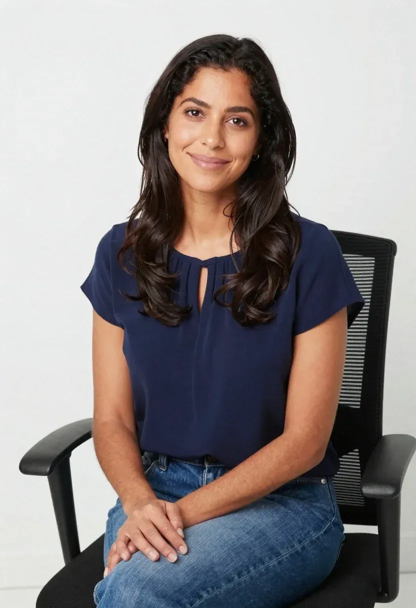 Woman With Long Dark Wavy Hair Sits Black Office Chair