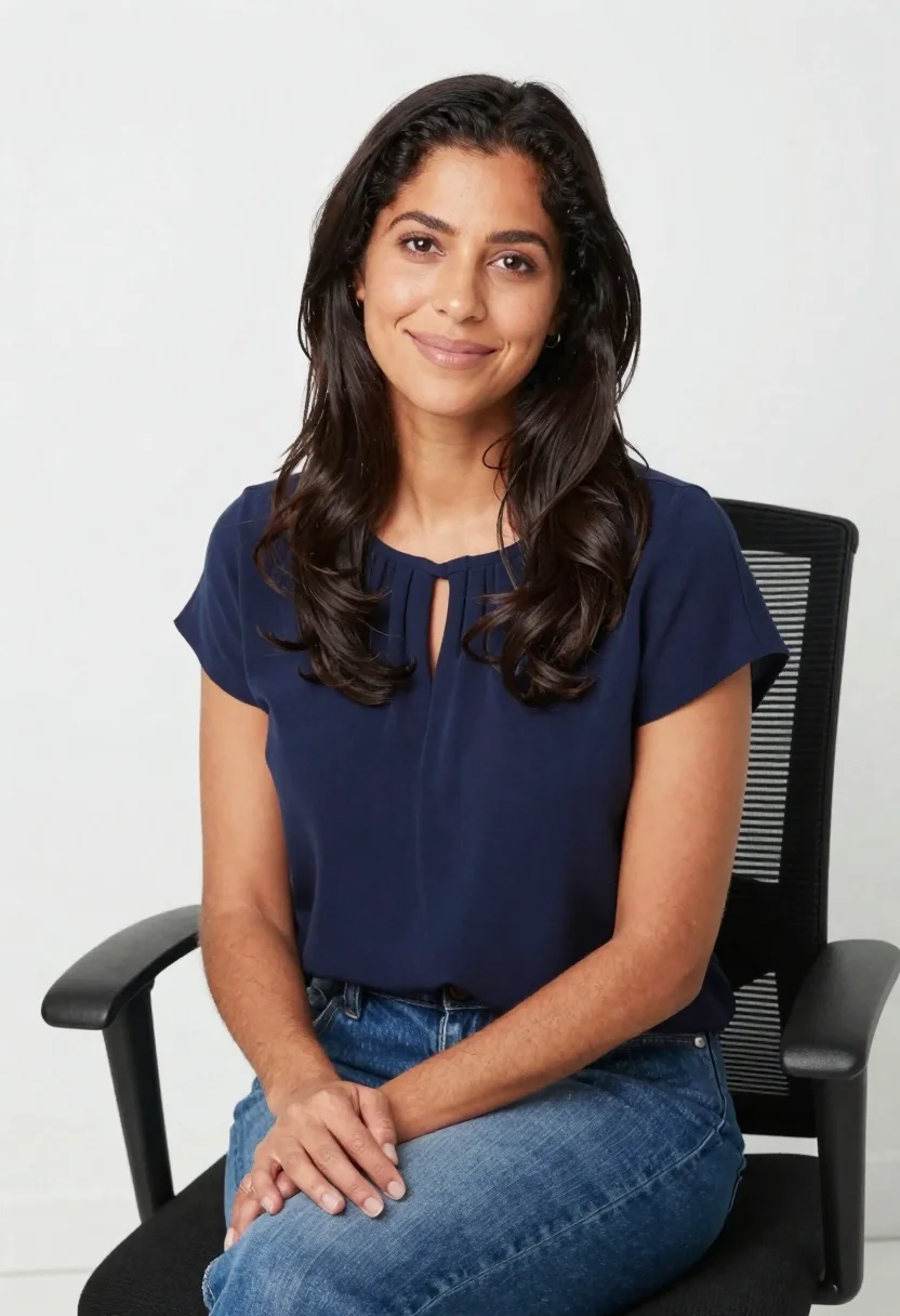 Woman With Long Dark Wavy Hair Sits Black Office Chair reference photo