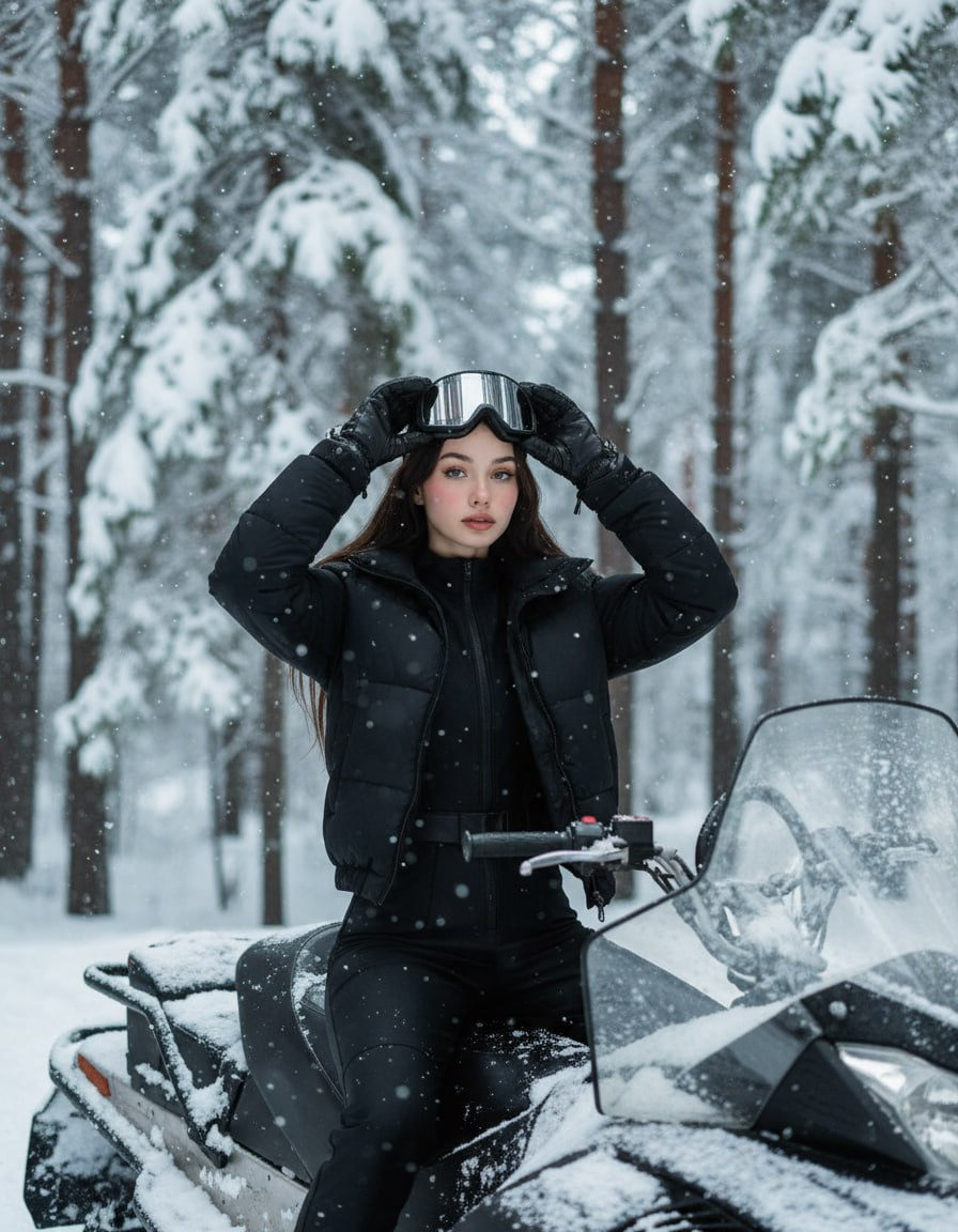 A person wearing a fitted ski jumpsuit and puffer jacket adjusting silver ski goggles on a snowmobile surrounded by snowy pine trees.