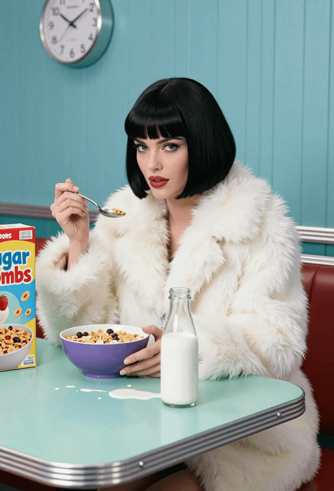 Retro Diner Woman Fluffy White Coat Cereal Splash