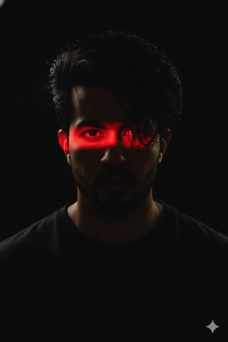 Ultra-realistic portrait of a young man with messy hair, intense stare, illuminated by vivid red light, deep shadows around.