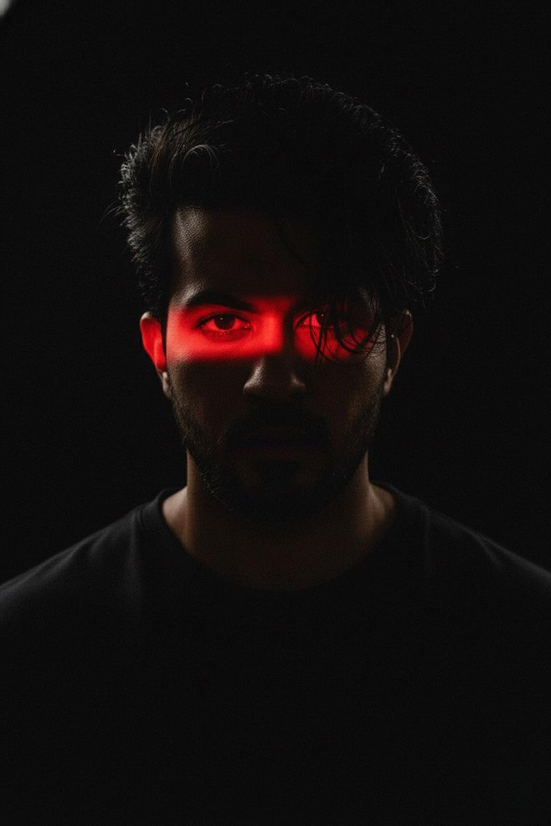 Ultra-realistic portrait of a young man with messy hair, intense stare, illuminated by vivid red light, deep shadows around.