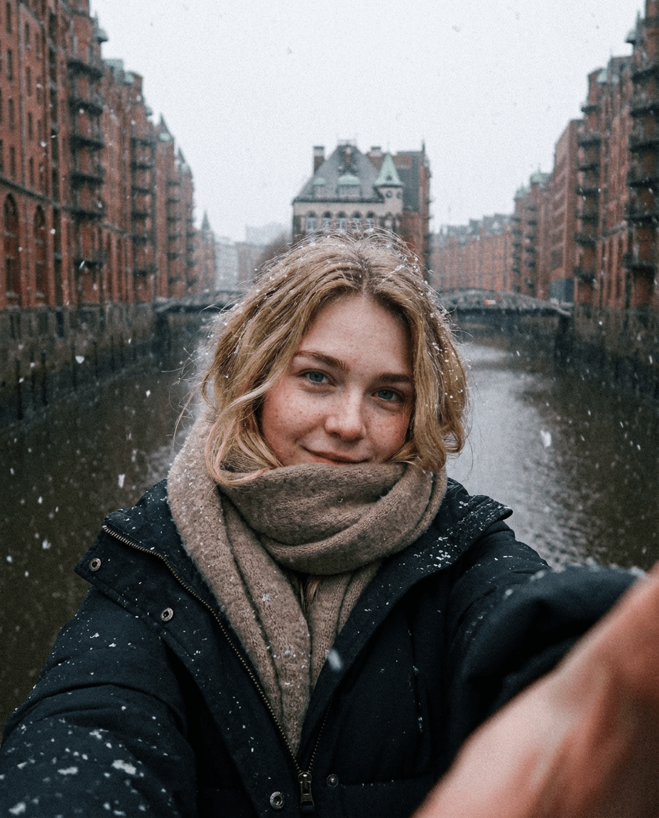 Speicherstadt Bridge Selfie Falling Snow Winter Coat