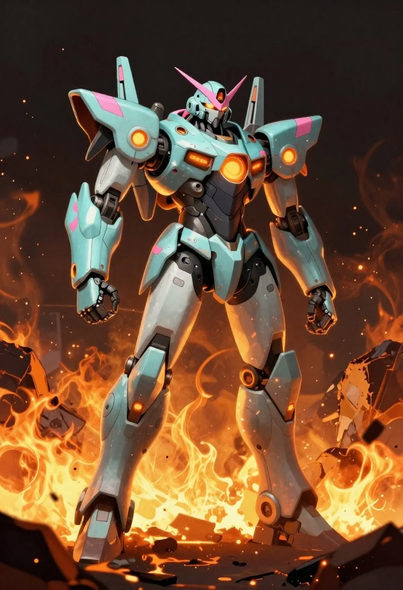 Towering Mechanical Robot Standing Amidst Flames And Rubble Dark Environment reference photo
