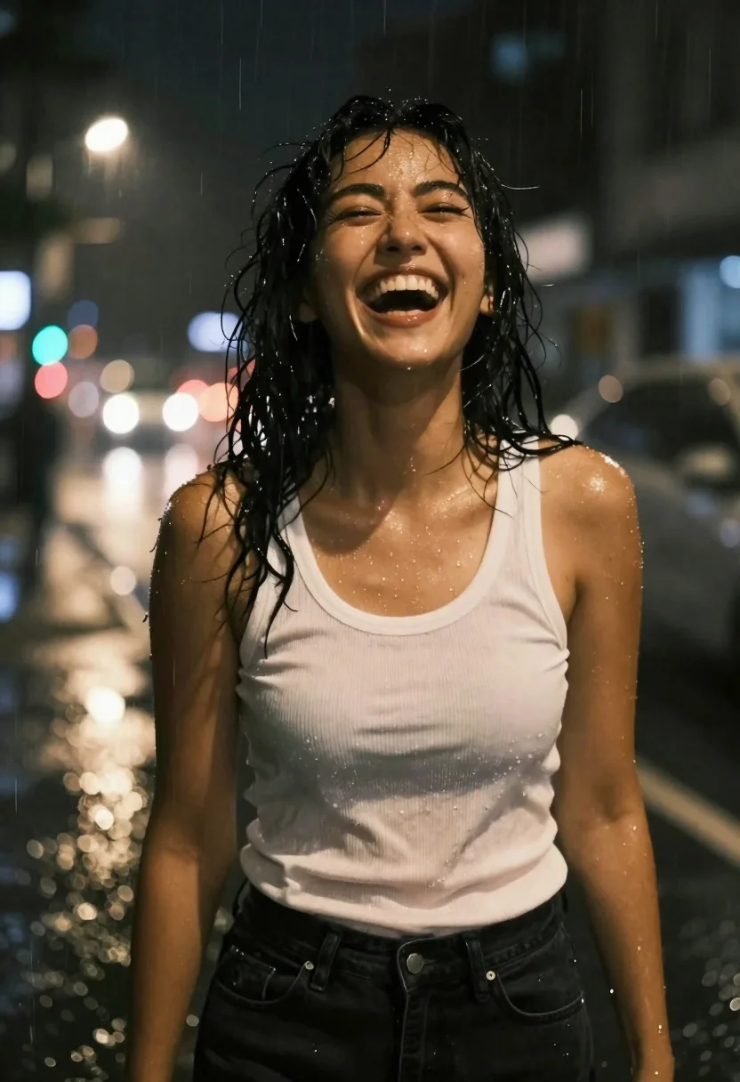 Medium Shot Young Woman Laughing Heartily While Standing The Rain reference photo