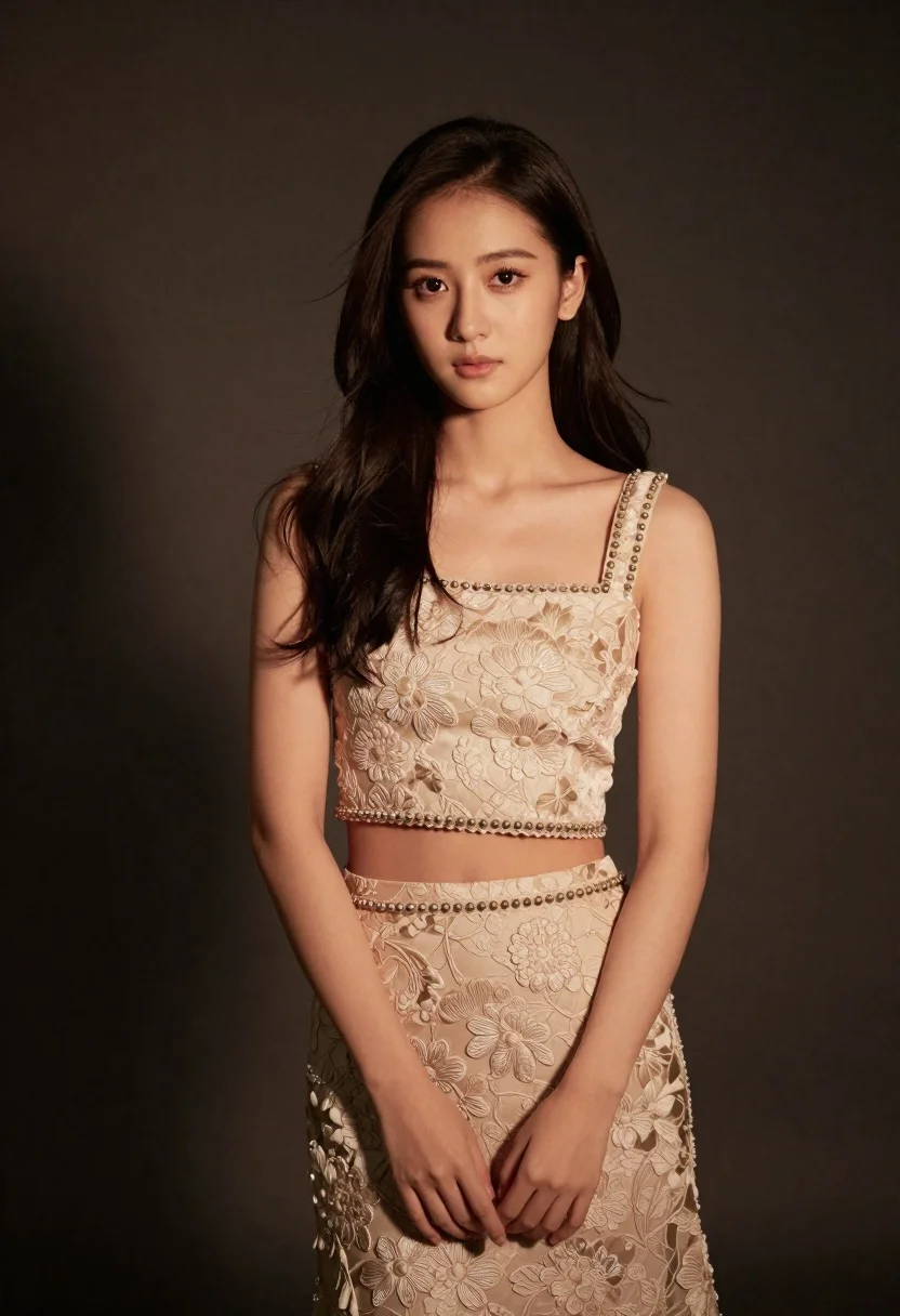 Confident Young Woman With Dark Hair And Soft Gaze Stands reference photo
