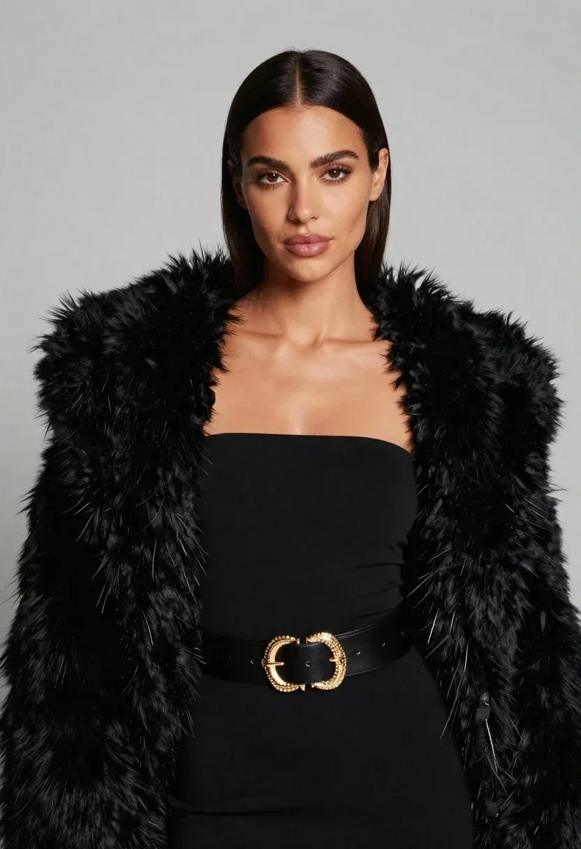 Confident Woman With Sleek Dark Hair Parted The Center Gazes