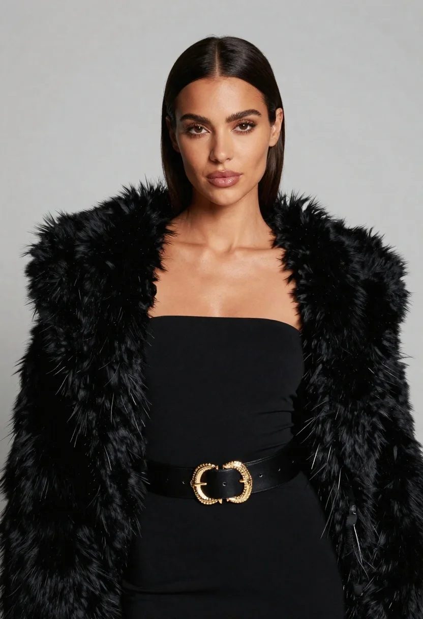 Confident Woman With Sleek Dark Hair Parted The Center Gazes reference photo