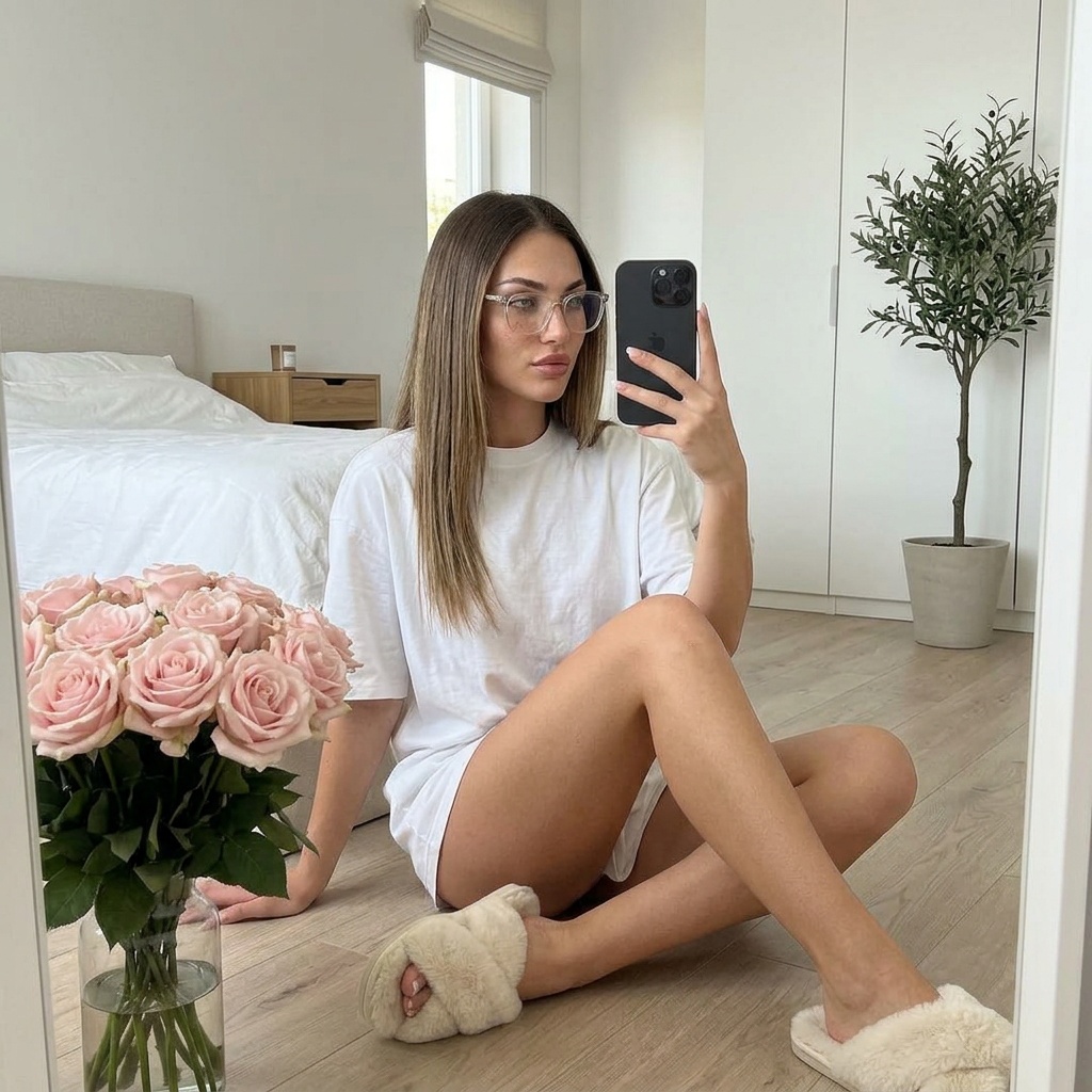 Girl Bedroom Mirror Selfie Pink Roses Soft Light